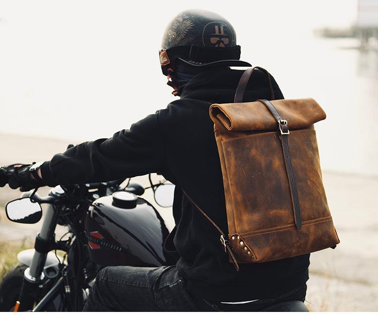 brown leather roll top backpack Large Leather Laptop Backpack,Outdoor Travel Roll-Top Leather Backpack,17.7in Height-i7bags Dark Brown/Crazy Horse Leather
