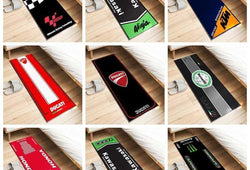 Motorcycle-themed carpet display mat for garage and rider room decor