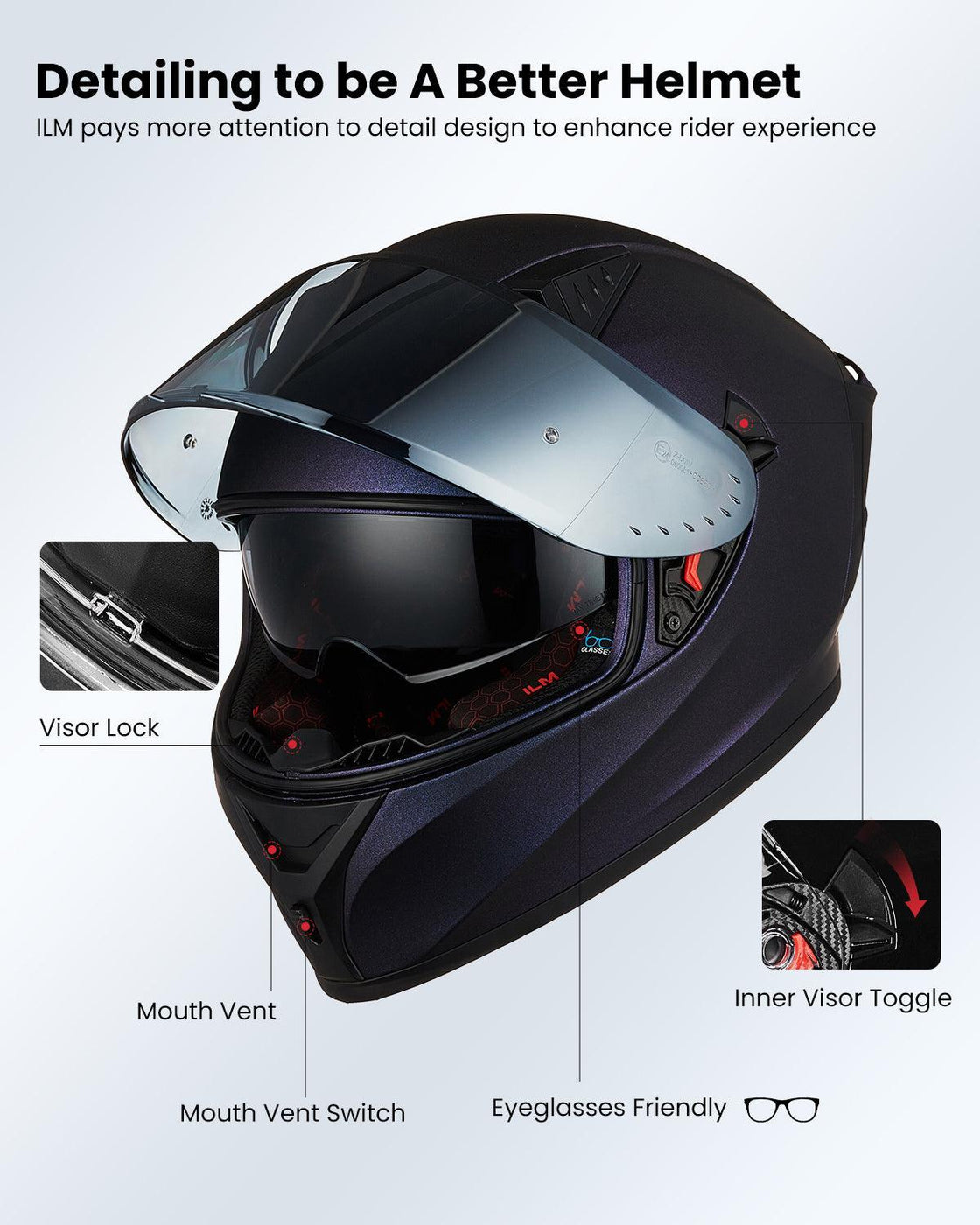 ILM Full Face Motorcycle Helmet Model Z501 Lizzard Red / Small