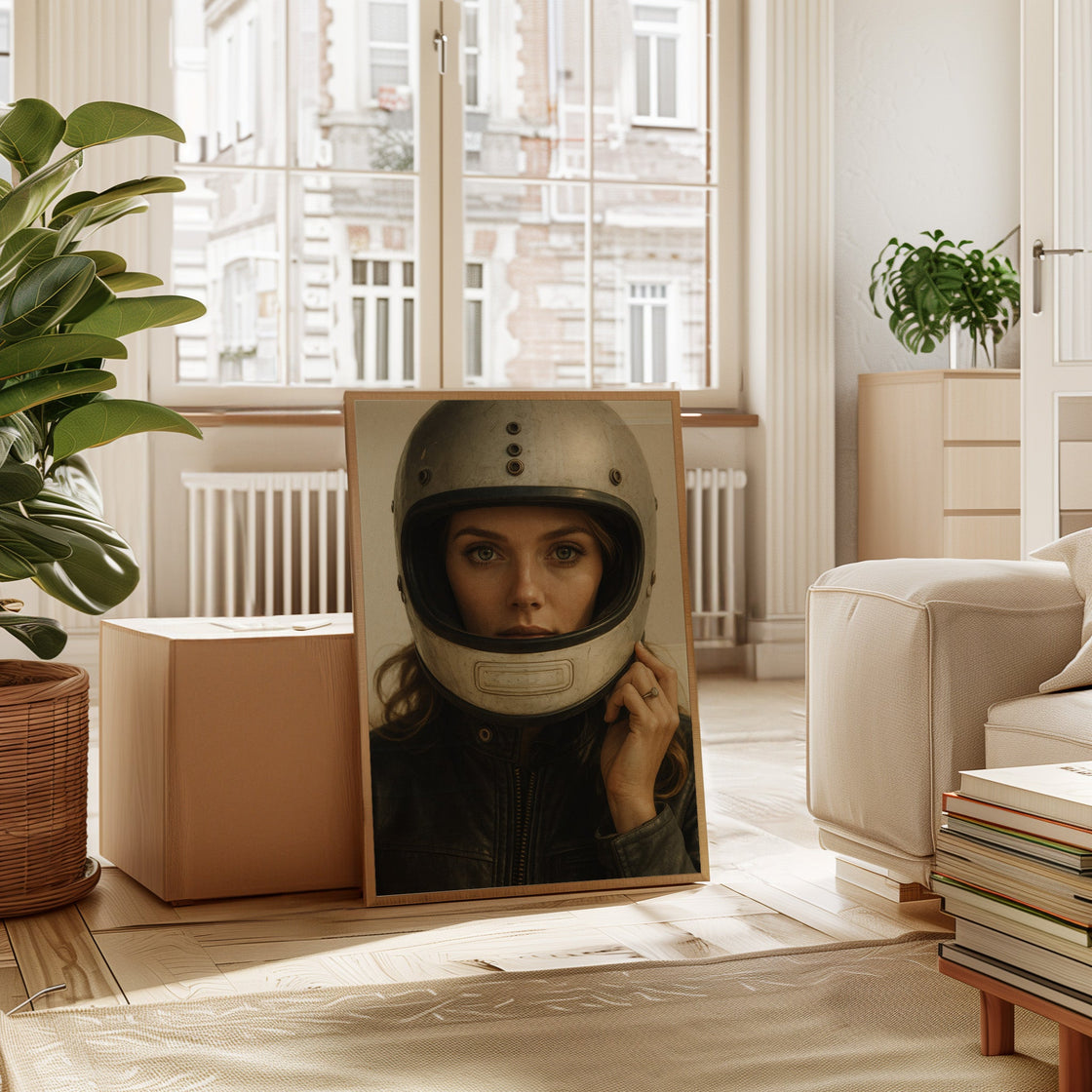 Vintage Moto Muse – Retro Helmet Portrait Print