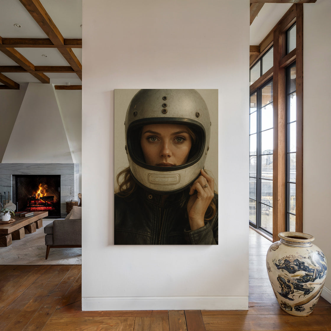 Vintage Moto Muse – Retro Helmet Portrait Print