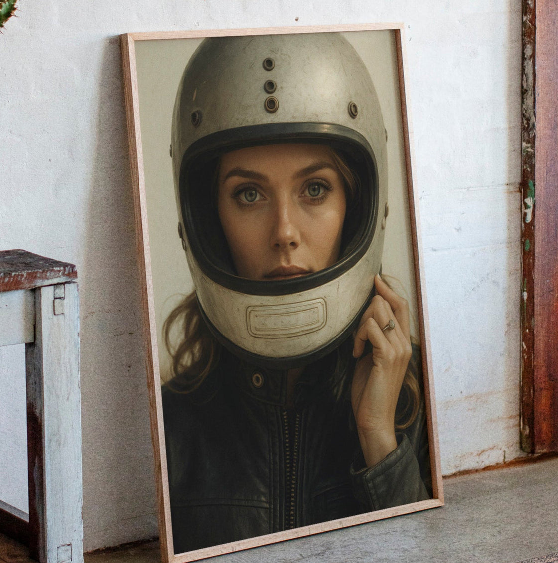 Vintage Moto Muse – Retro Helmet Portrait Print