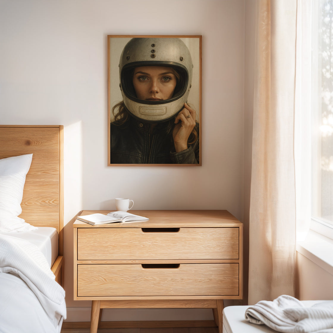 Vintage Moto Muse – Retro Helmet Portrait Print