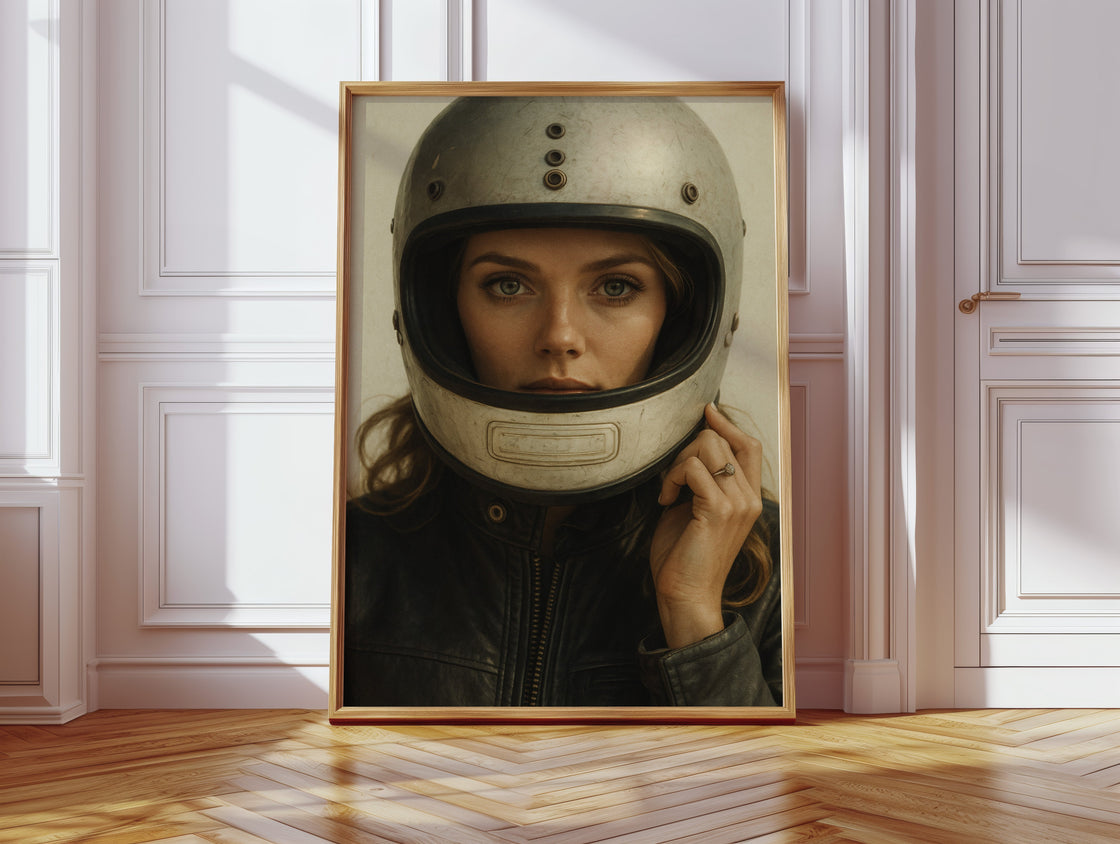 Vintage Moto Muse – Retro Helmet Portrait Print