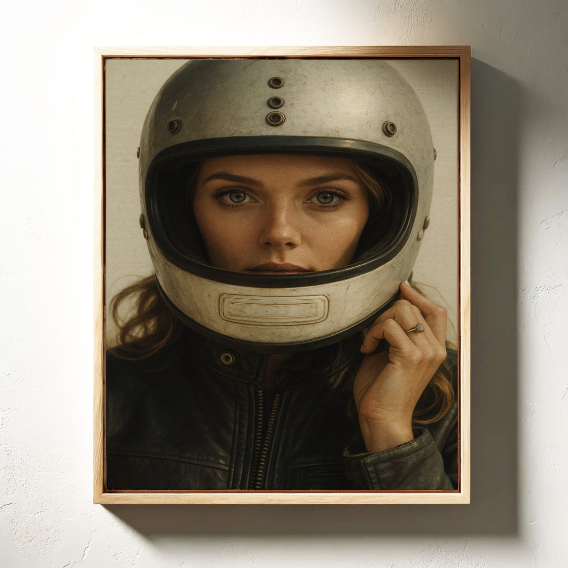 Vintage Moto Muse – Retro Helmet Portrait Print