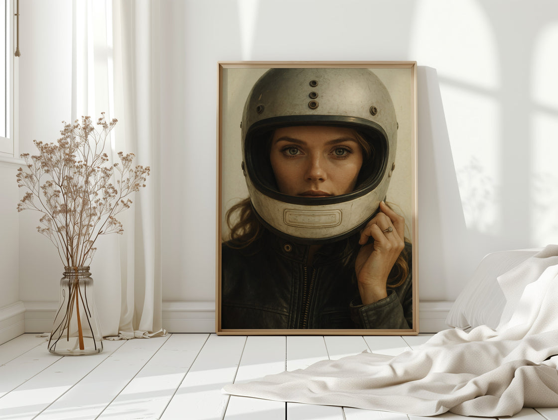 Vintage Moto Muse – Retro Helmet Portrait Print