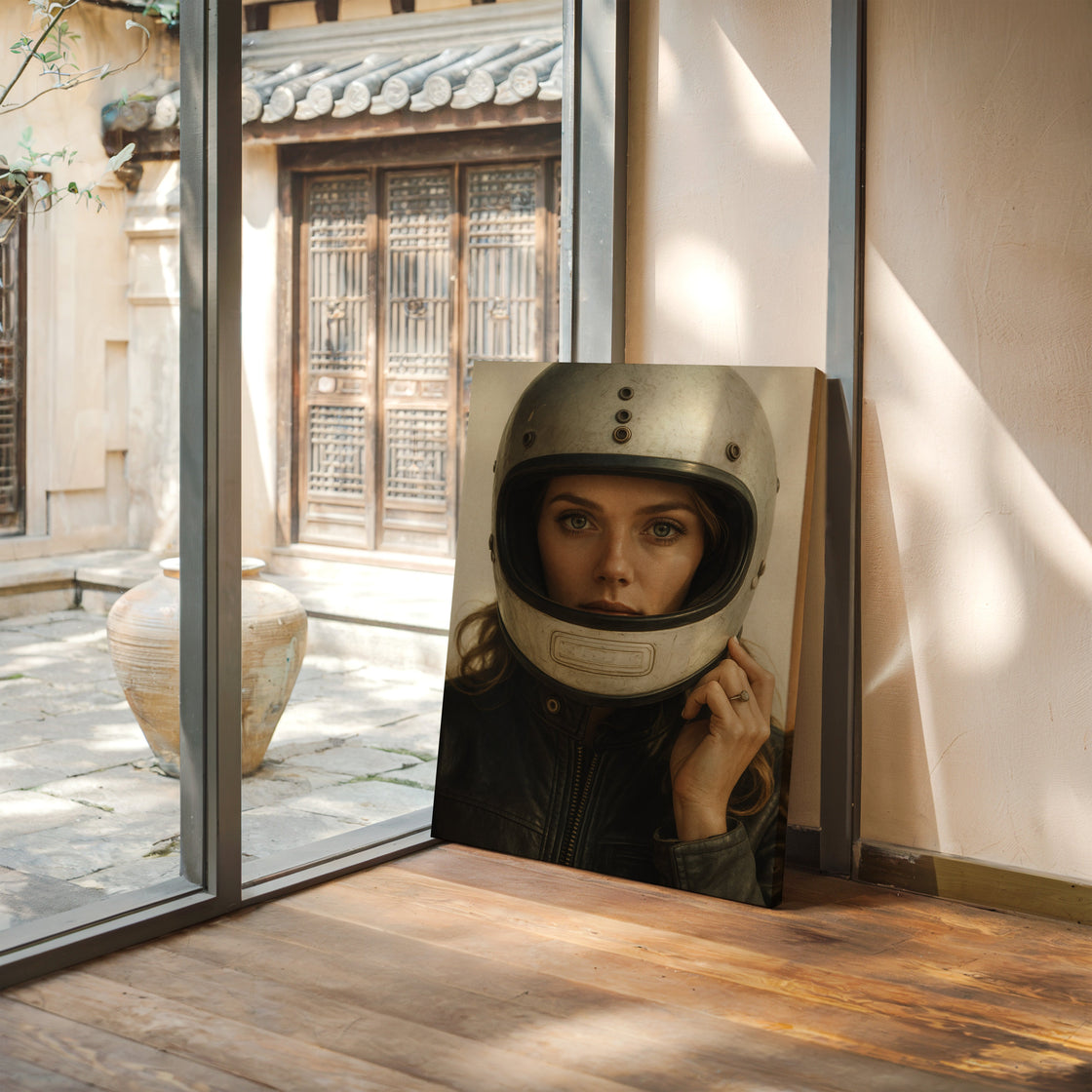 Vintage Moto Muse – Retro Helmet Portrait Print