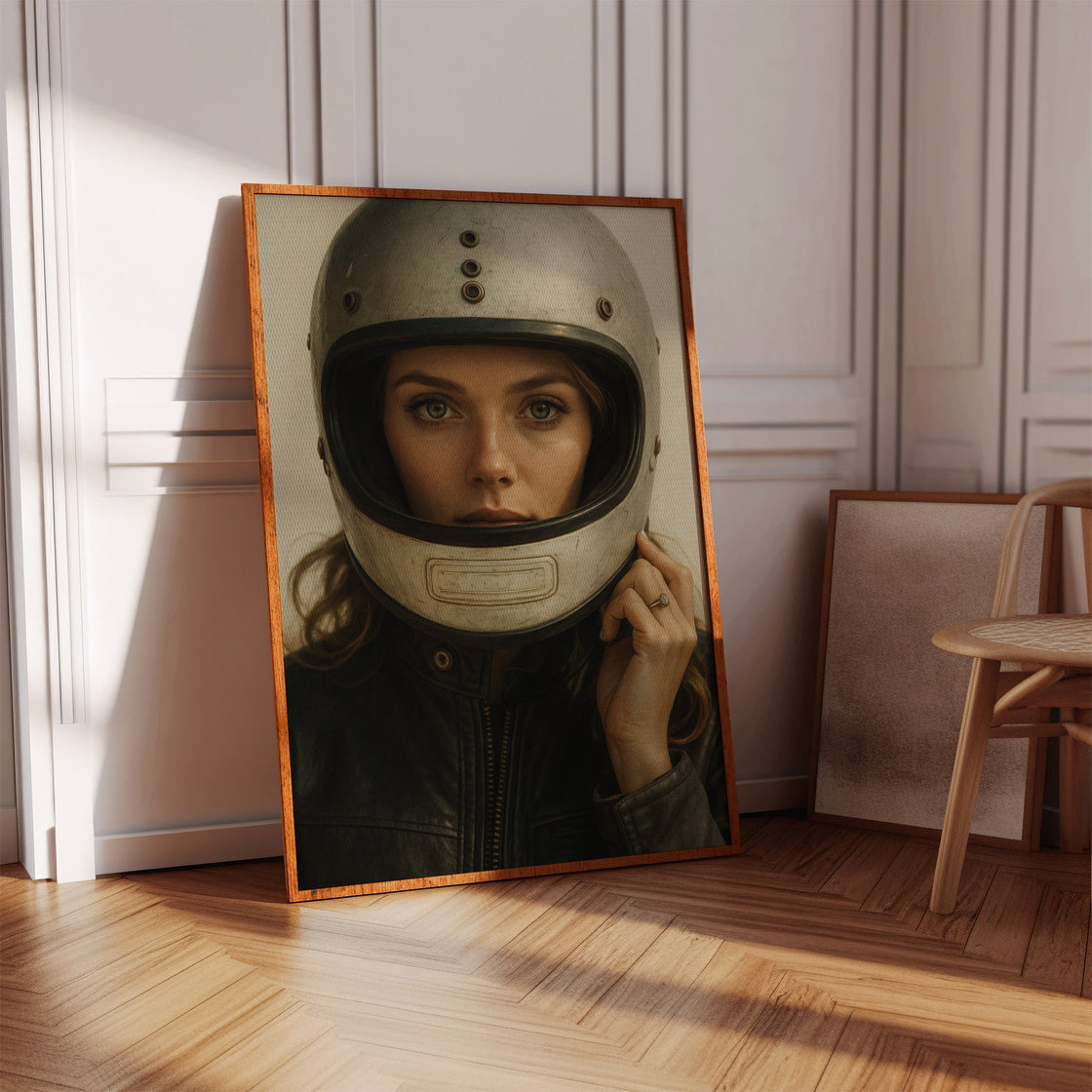 Vintage Moto Muse – Retro Helmet Portrait Print