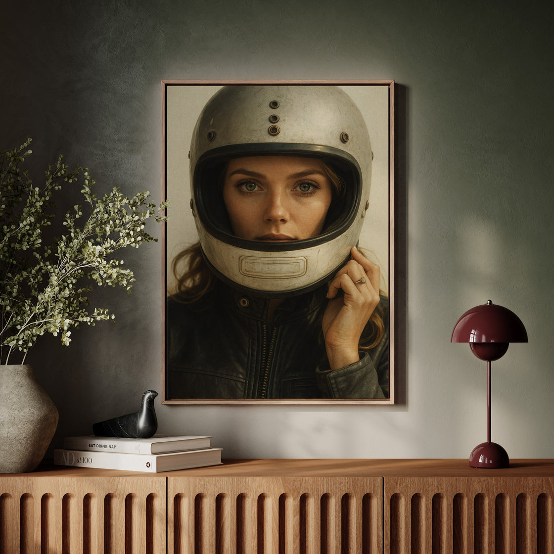 Vintage Moto Muse – Retro Helmet Portrait Print