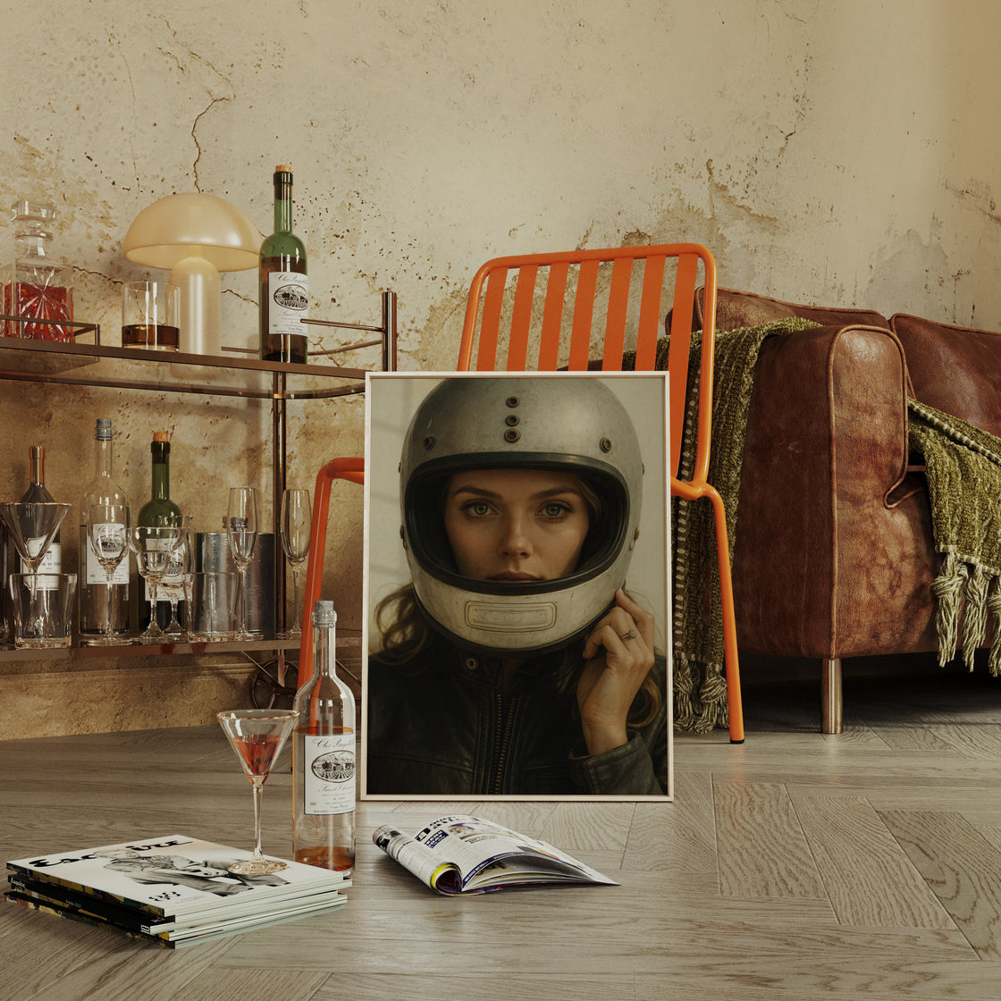 Vintage Moto Muse – Retro Helmet Portrait Print