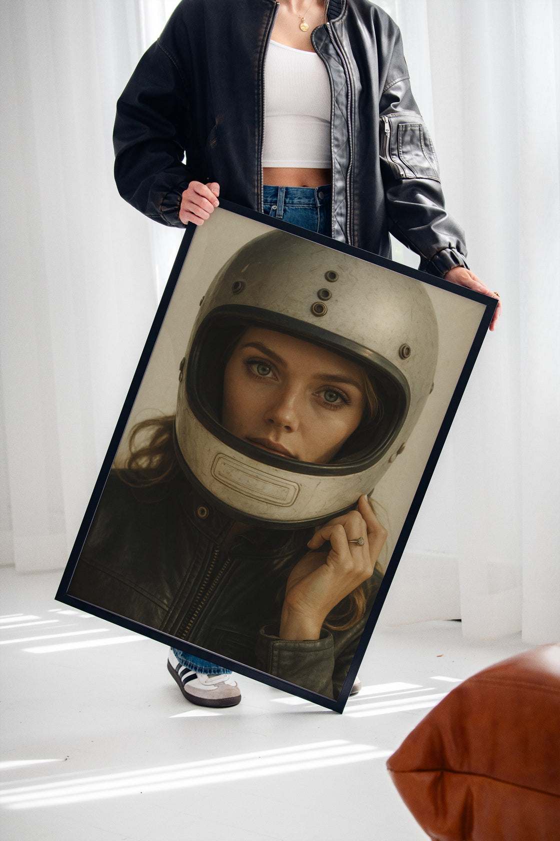Vintage Moto Muse – Retro Helmet Portrait Print