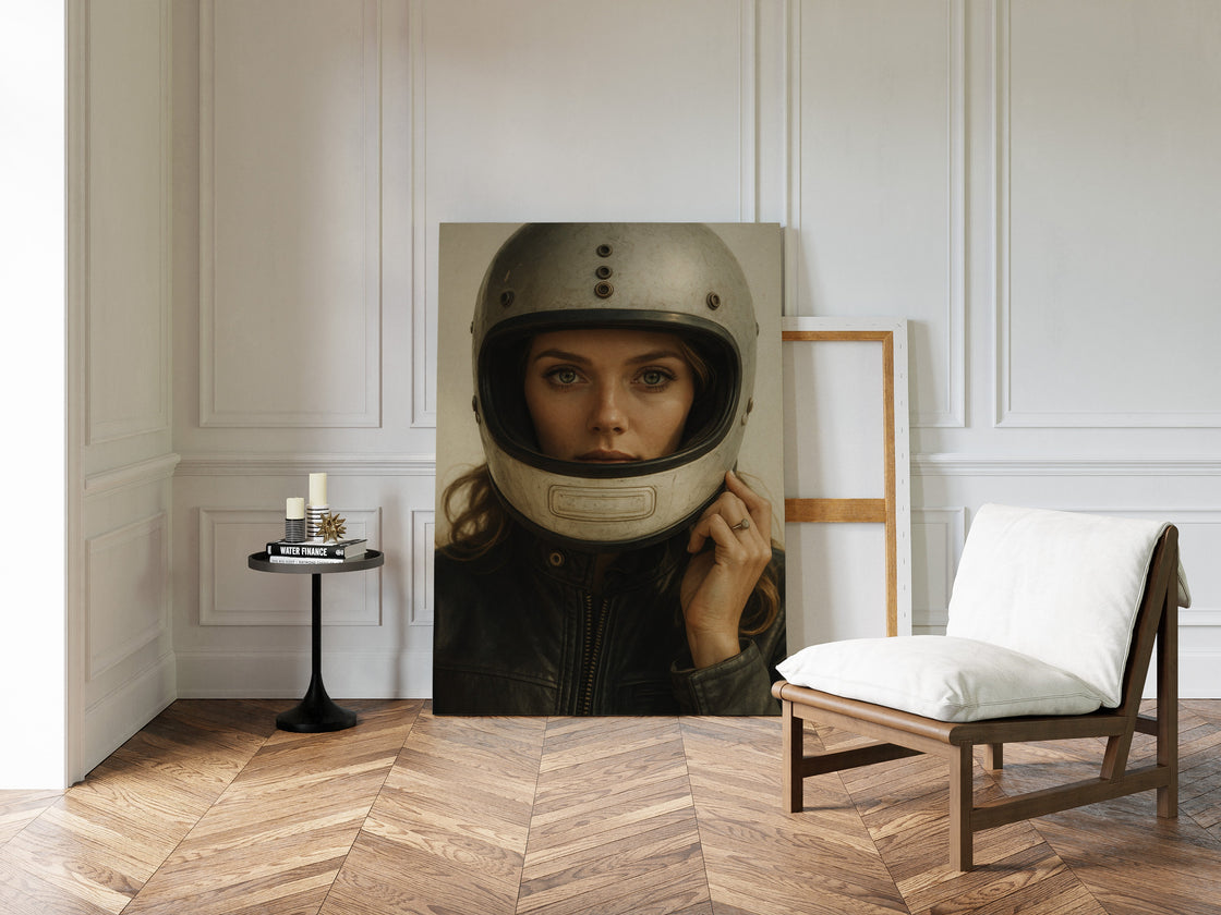 Vintage Moto Muse – Retro Helmet Portrait Print