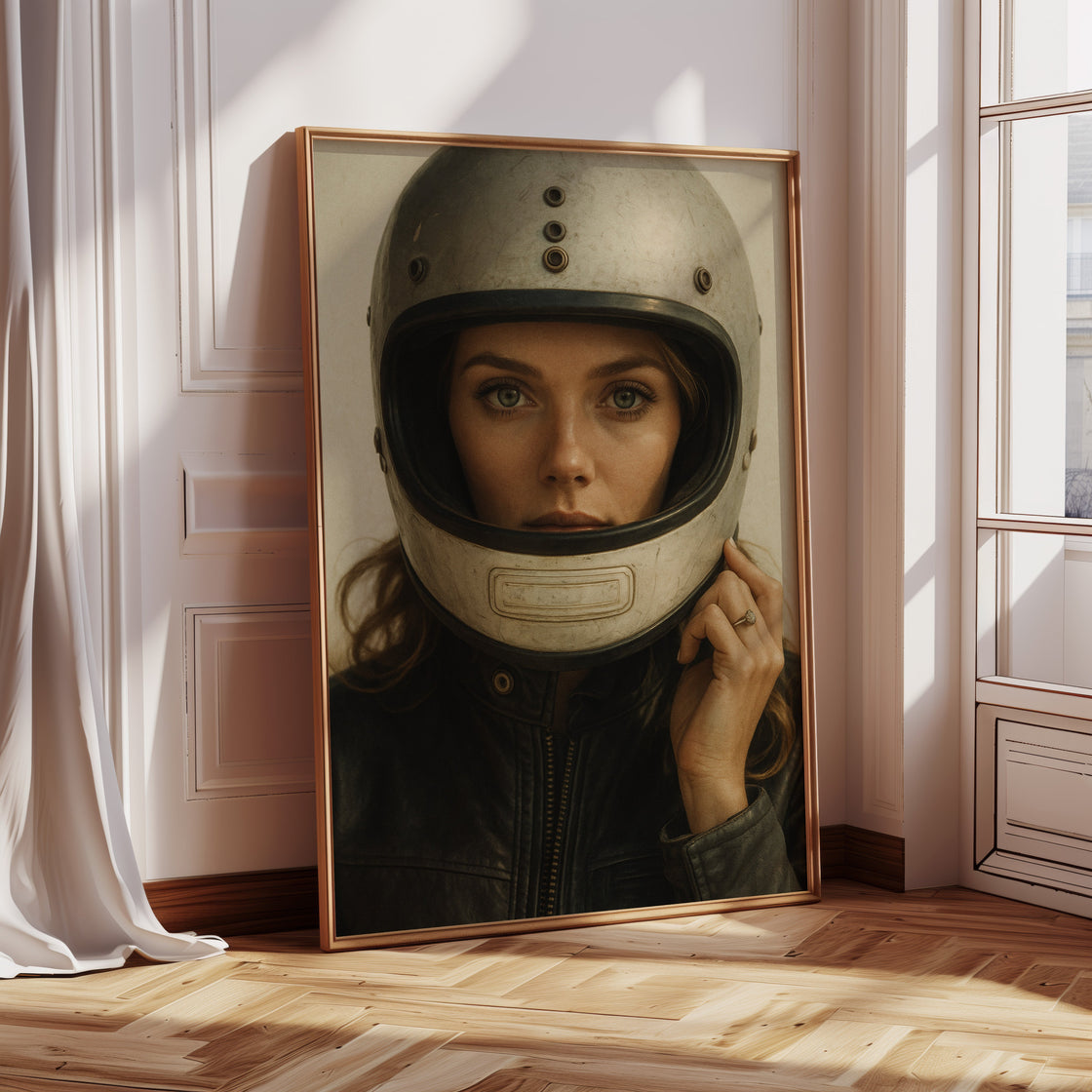 Vintage Moto Muse – Retro Helmet Portrait Print