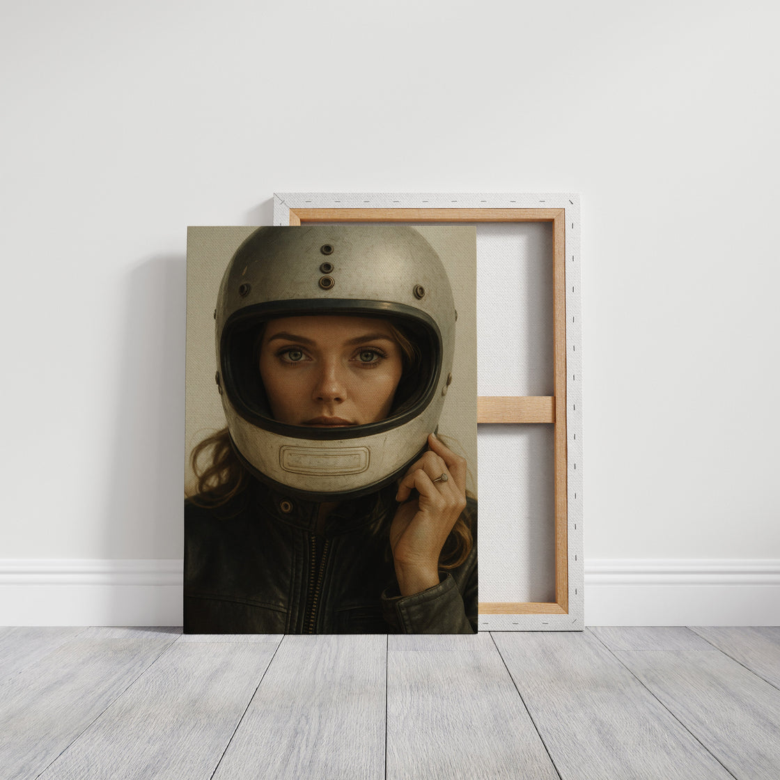 Vintage Moto Muse – Retro Helmet Portrait Print