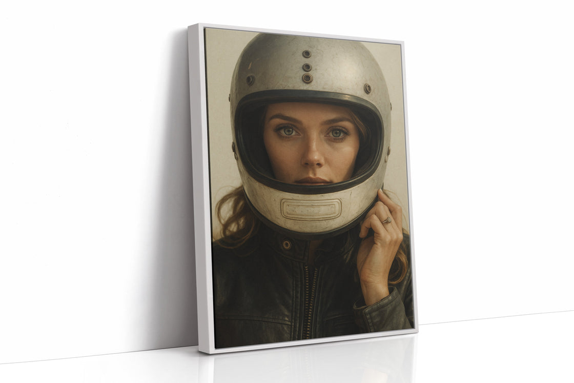 Vintage Moto Muse – Retro Helmet Portrait Print