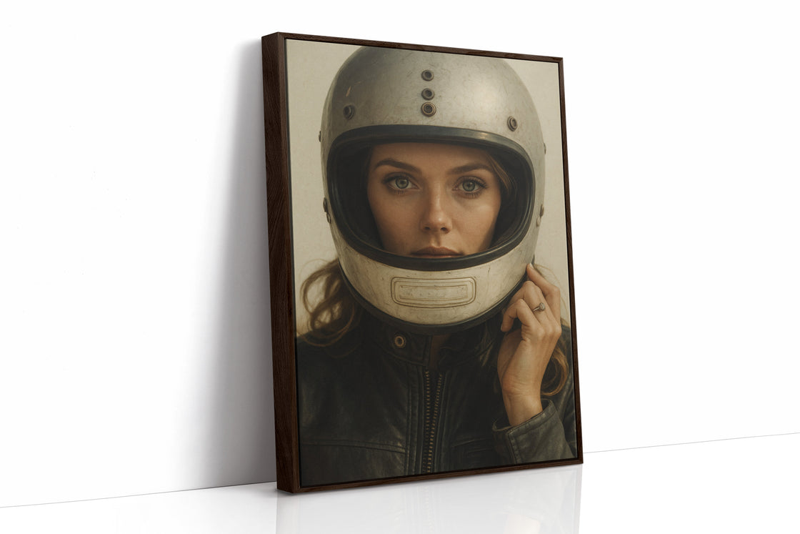 Vintage Moto Muse – Retro Helmet Portrait Print