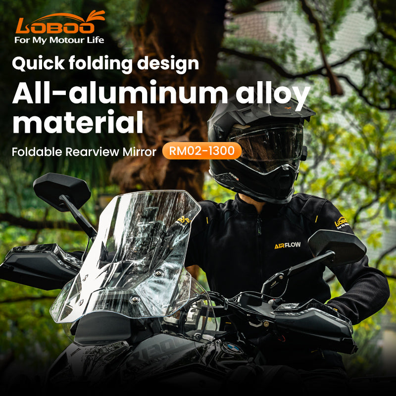 LOBOO Foldable Rearview Mirrors for BMW R1300GS / R1300GS Adventure– Aluminum Alloy, Anti-Glare 1200R Lens, LCW Compatible