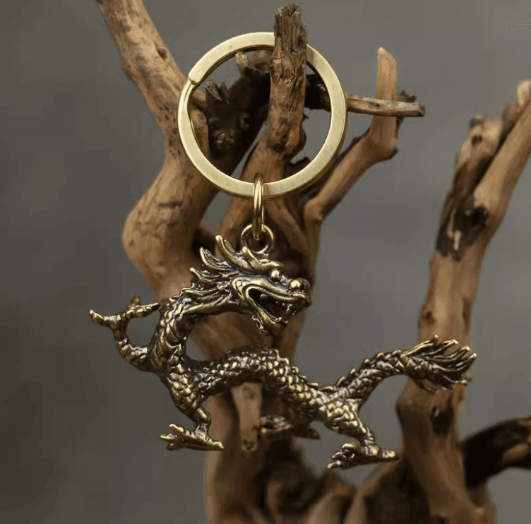 Solid Brass Oriental Flying Dragon Keychain