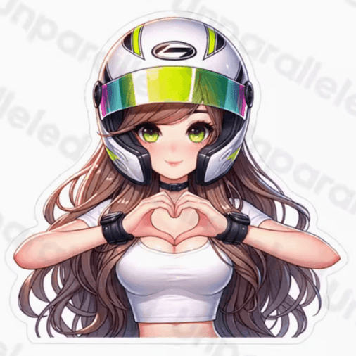 cartoon blonde girl wearing a motorcycle helmet Unparalleled™ Cute Biker Girl Sticker – Bean's Moto Booth