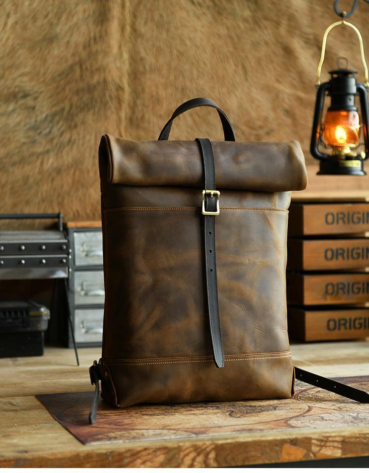 crrazy leather backpack Large Leather Laptop Backpack,Outdoor Travel Roll-Top Leather Backpack,17.7in Height-i7bags Dark Brown/Crazy Horse Leather