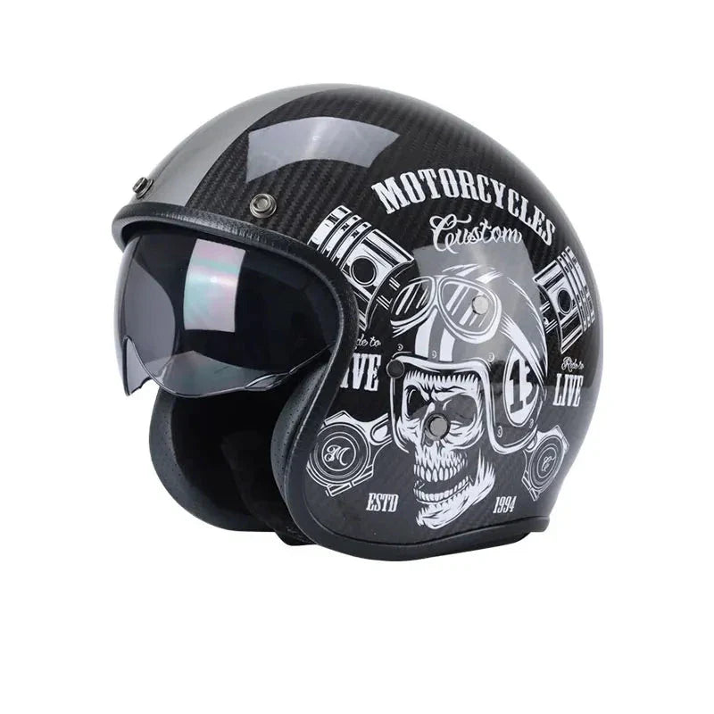 Carbon Fiber Retro Motorcycle Helmets, Skull Flower / L