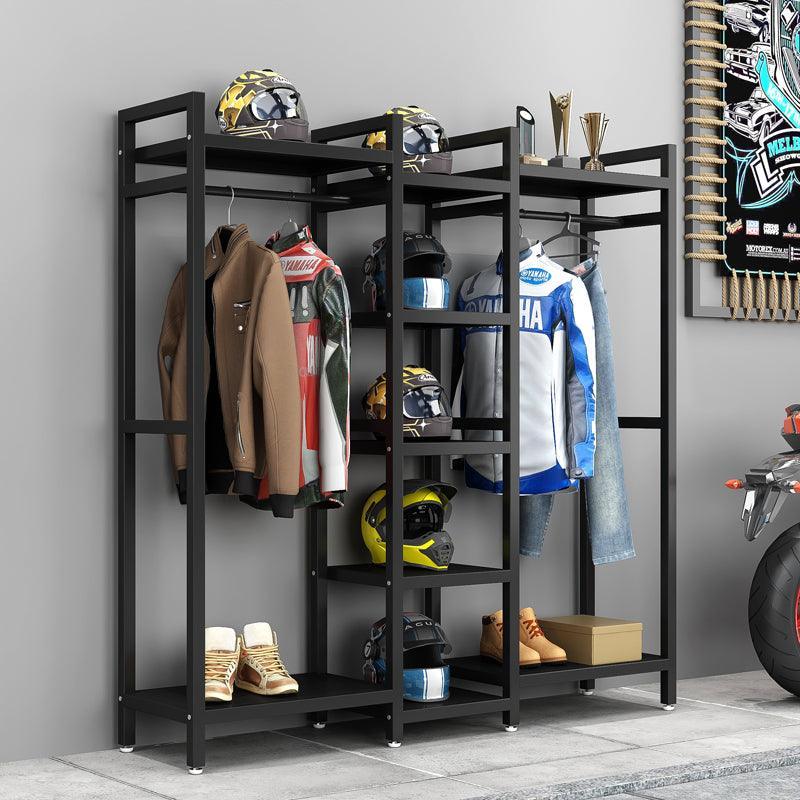 HSQ Motorcycle Gear Storage Display Rack with helmets, jackets, and riding gear