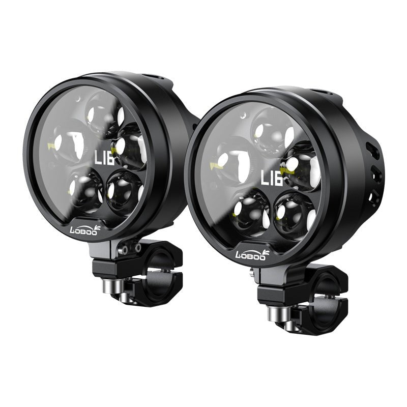 LOBOO L16 Motorcycle Auxiliary Lights – 19000LM High & Low Beam LEDs, 3-Mode Warning, IP68 Waterproof, Intelligent Temp Control (Pair)