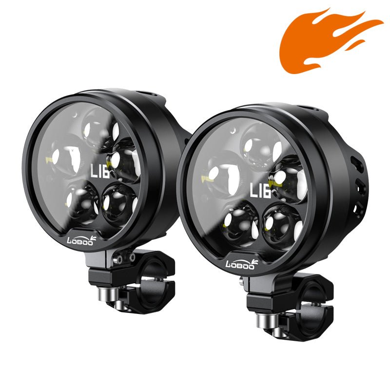 LOBOO L16 Motorcycle Auxiliary Lights – 19000LM High & Low Beam LEDs, 3-Mode Warning, IP68 Waterproof, Intelligent Temp Control (Pair)