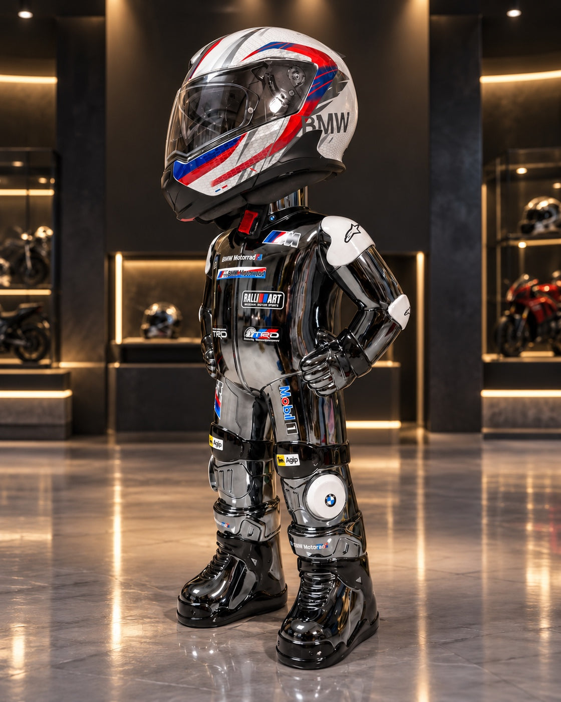 MotoMan helmet display stand in a premium collector gallery