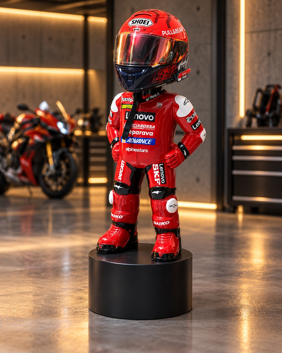 Red MotoMan helmet display stand in a modern motorcycle garage