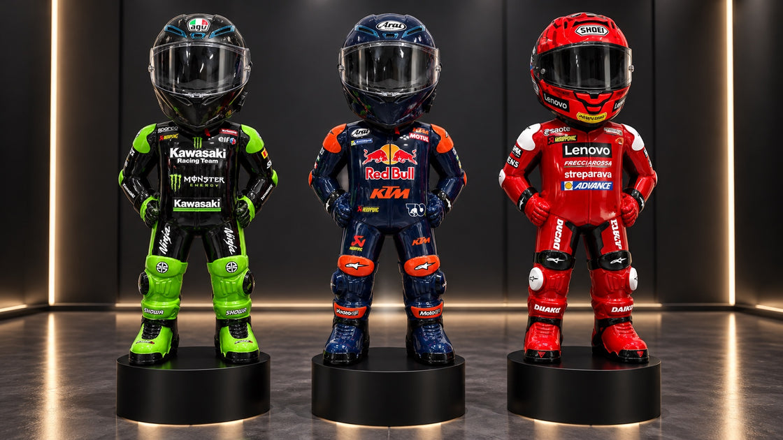 Three MotoMan helmet display stand racing-inspired styles