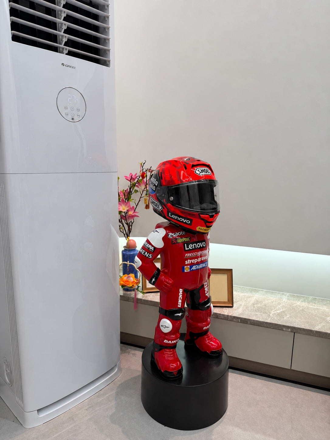 Red Ducati Style MotoMan helmet display stand
