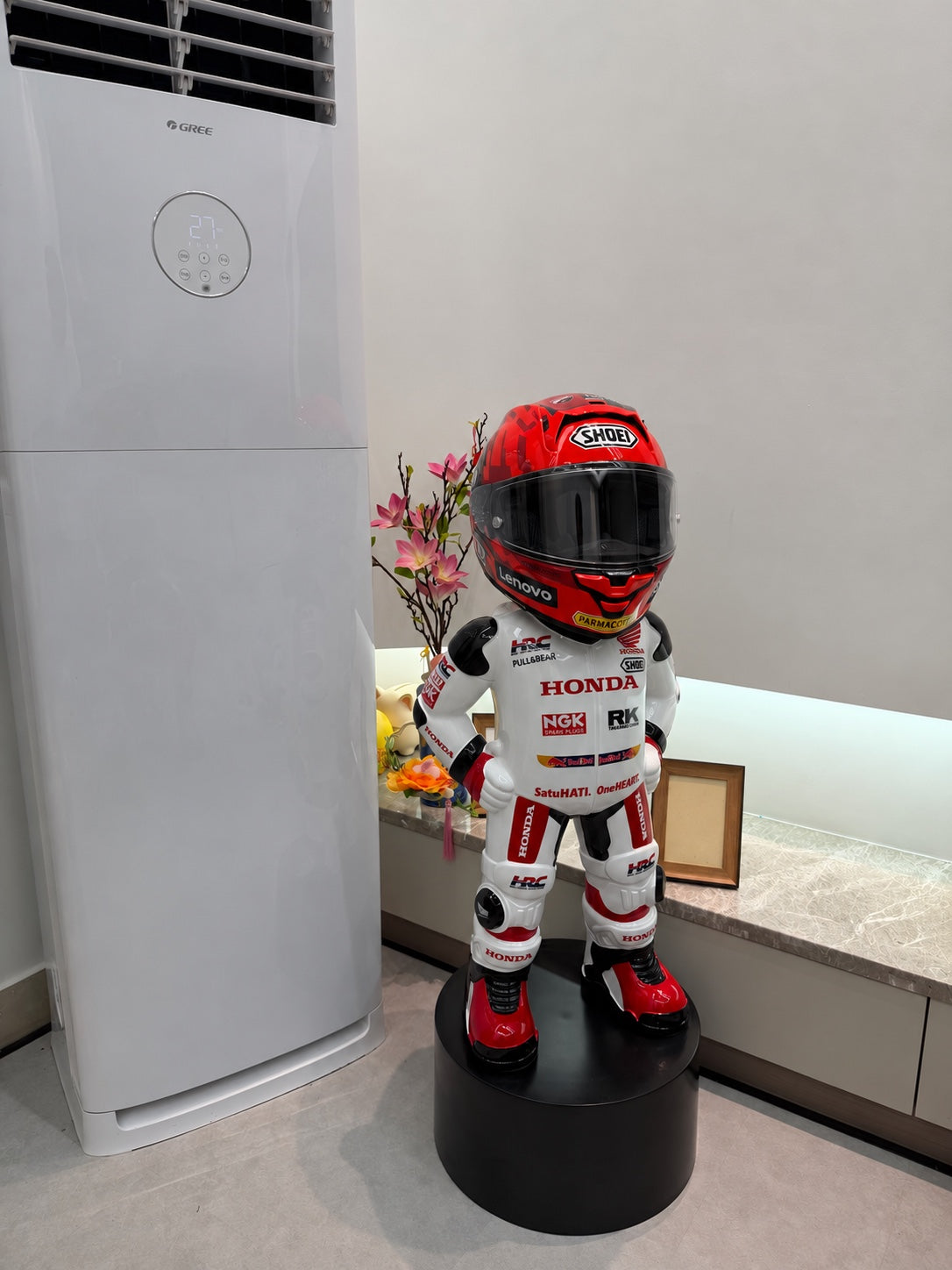 White Honda Style MotoMan helmet display stand