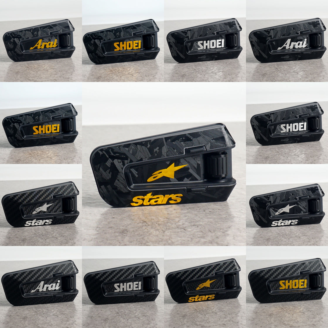 Assorted decorative decal designs shown fitted to PACKTALK EDGE communicators.