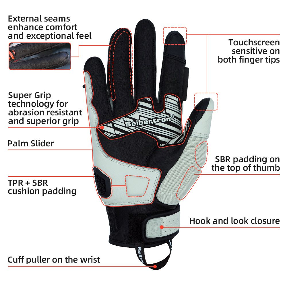 color:White | Seibertron SPS-10 breathable anti-slip touchscreen leather motorcycle gloves image 03