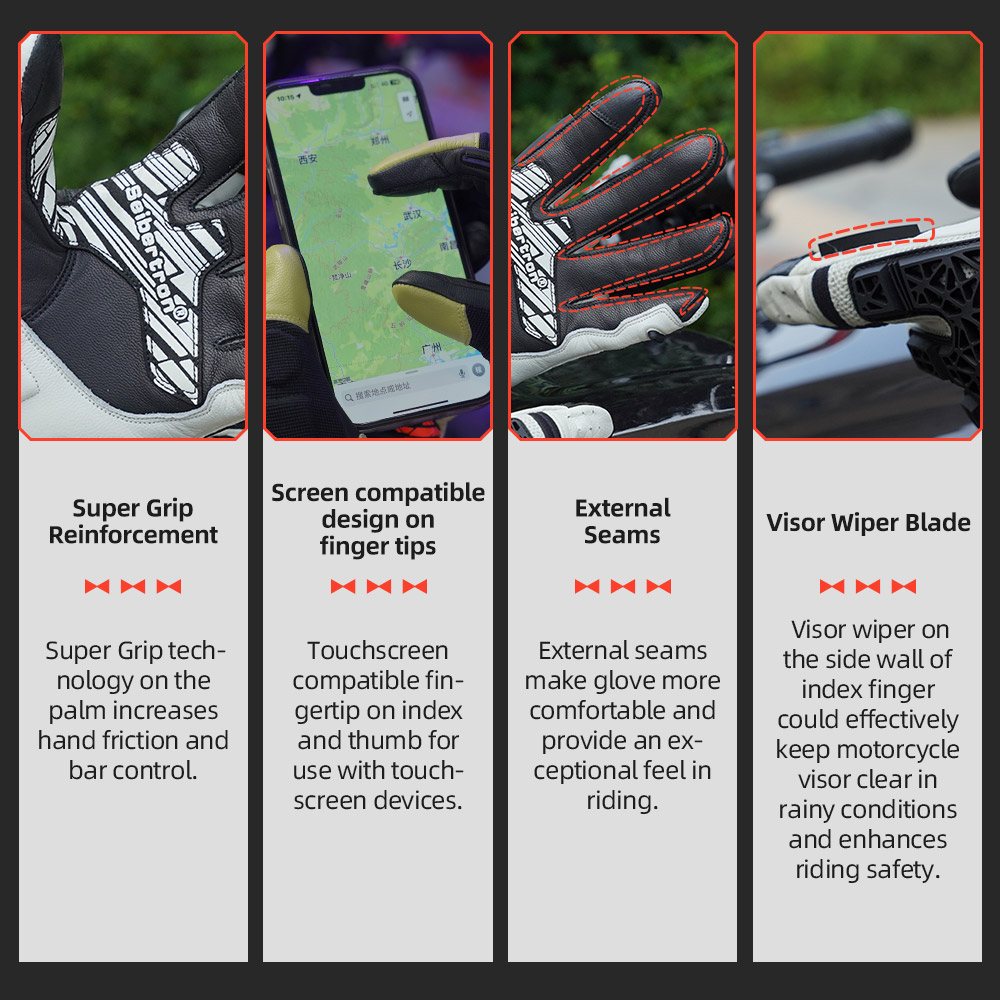 color:White | Seibertron SPS-10 breathable anti-slip touchscreen leather motorcycle gloves image 04