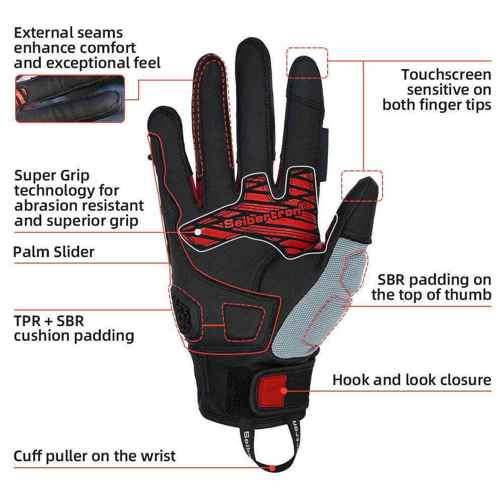 color:Black | Seibertron SPS-10 breathable anti-slip touchscreen leather motorcycle gloves image 09