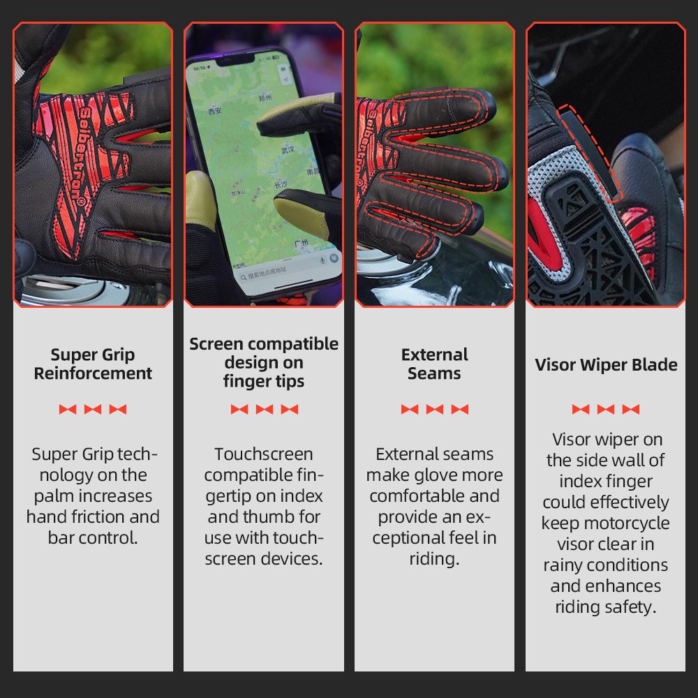 color:Black | Seibertron SPS-10 breathable anti-slip touchscreen leather motorcycle gloves image 10