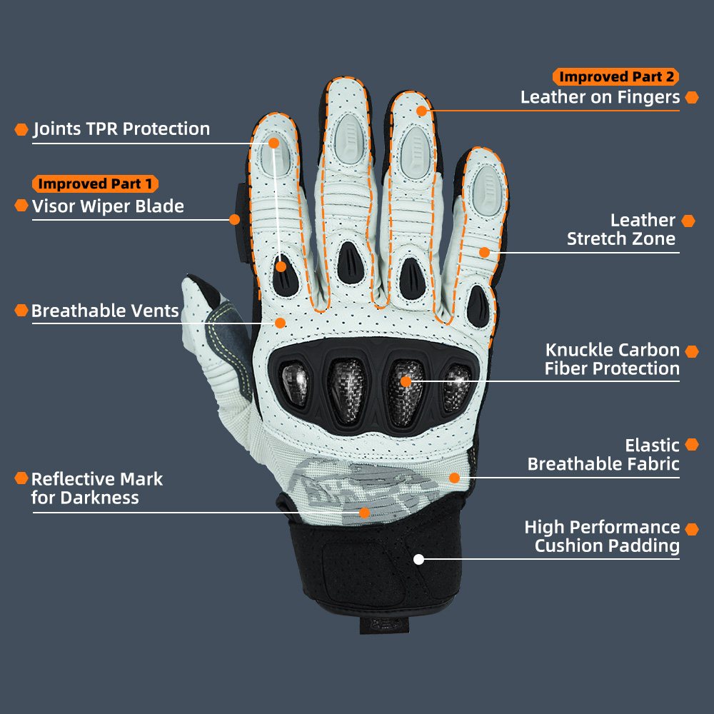 color:White | Seibertron SPS2 Plus summer motorcycle gloves with carbon fiber knuckle protection image 08