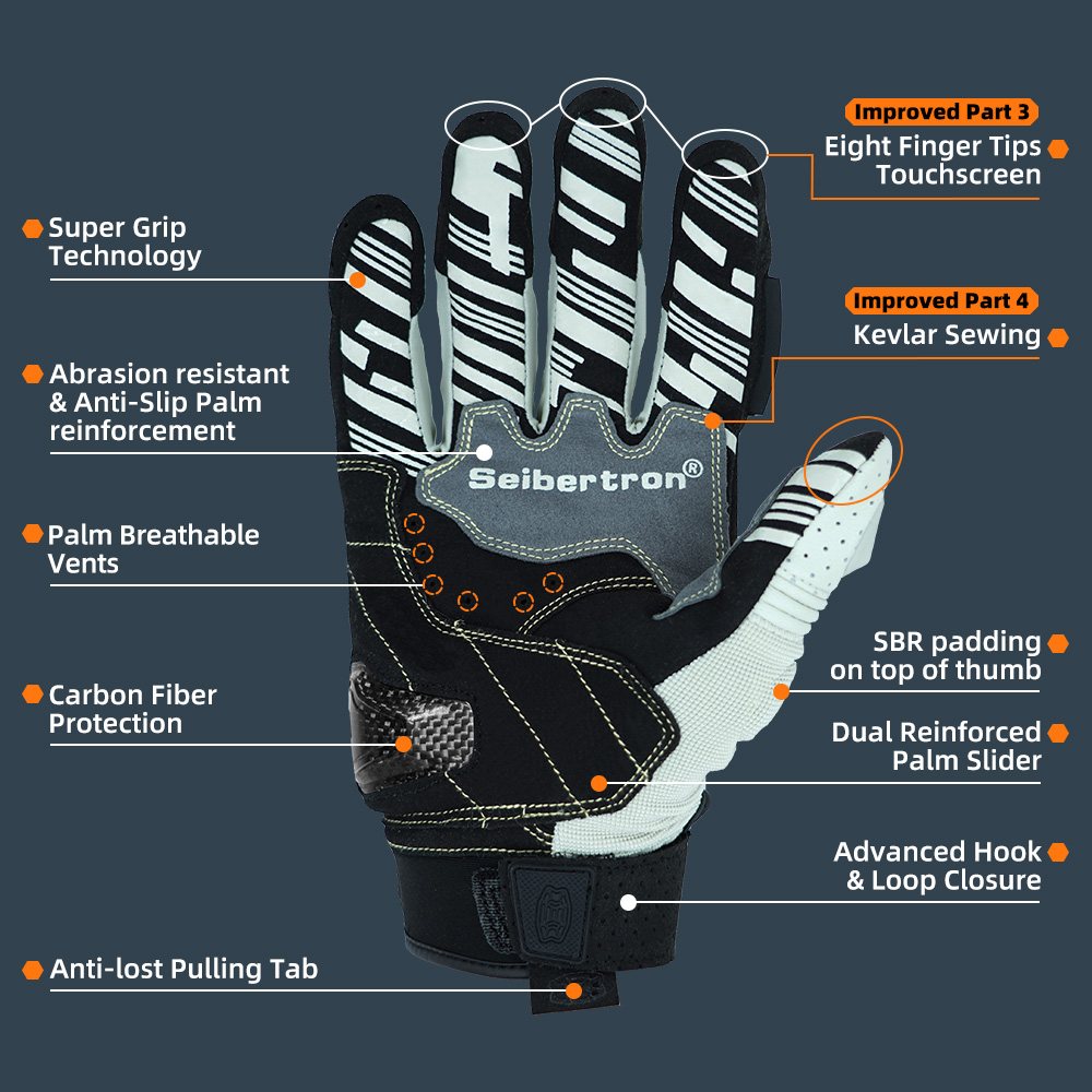 color:White | Seibertron SPS2 Plus summer motorcycle gloves with carbon fiber knuckle protection image 09