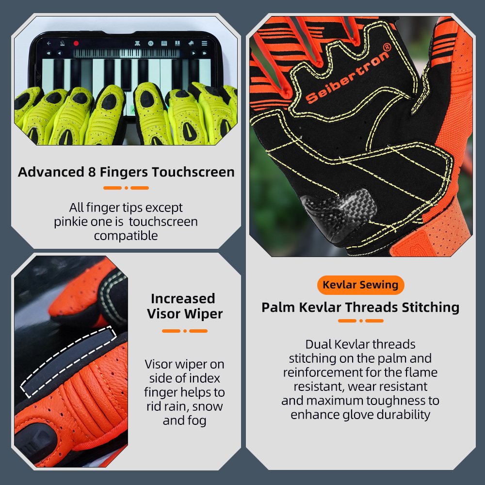 color:Orange | Seibertron SPS2 Plus summer motorcycle gloves with carbon fiber knuckle protection image 16