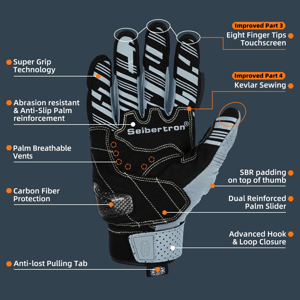 color:Gray | Seibertron SPS2 Plus summer motorcycle gloves with carbon fiber knuckle protection image 21