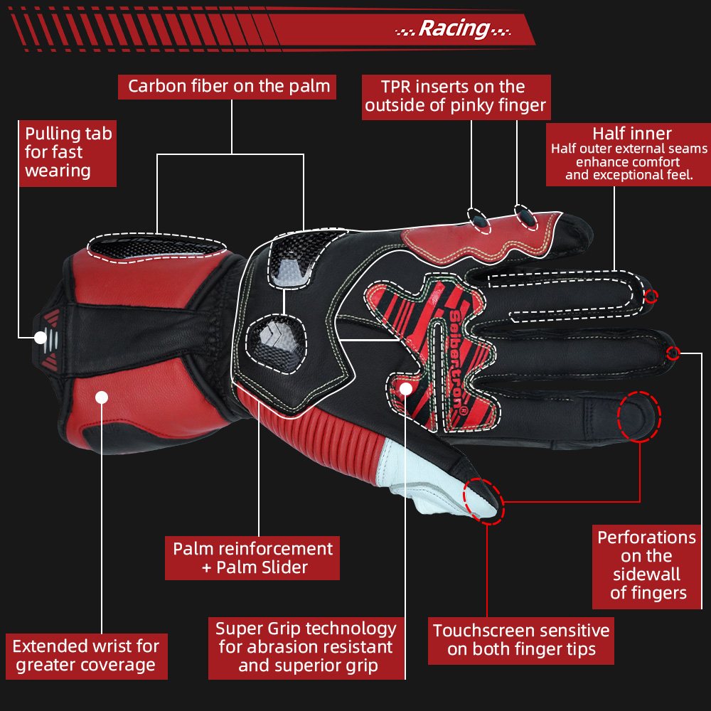 color:Red | Seibertron SPS-6 leather racing gloves with carbon fiber protection image 18