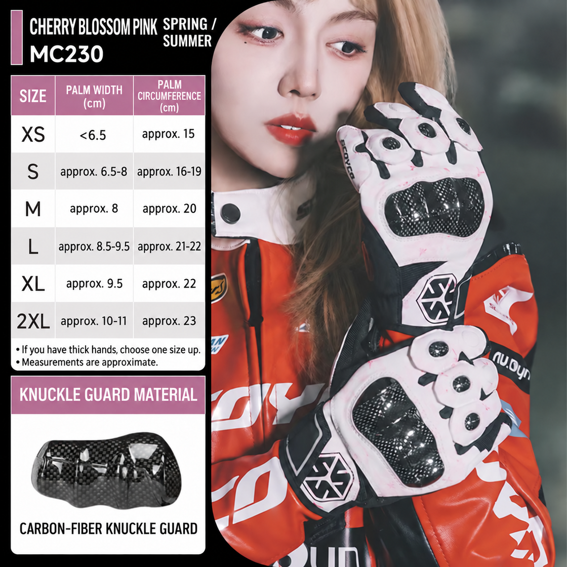 Summer MC230 Cherry Blossom Pink gloves size chart