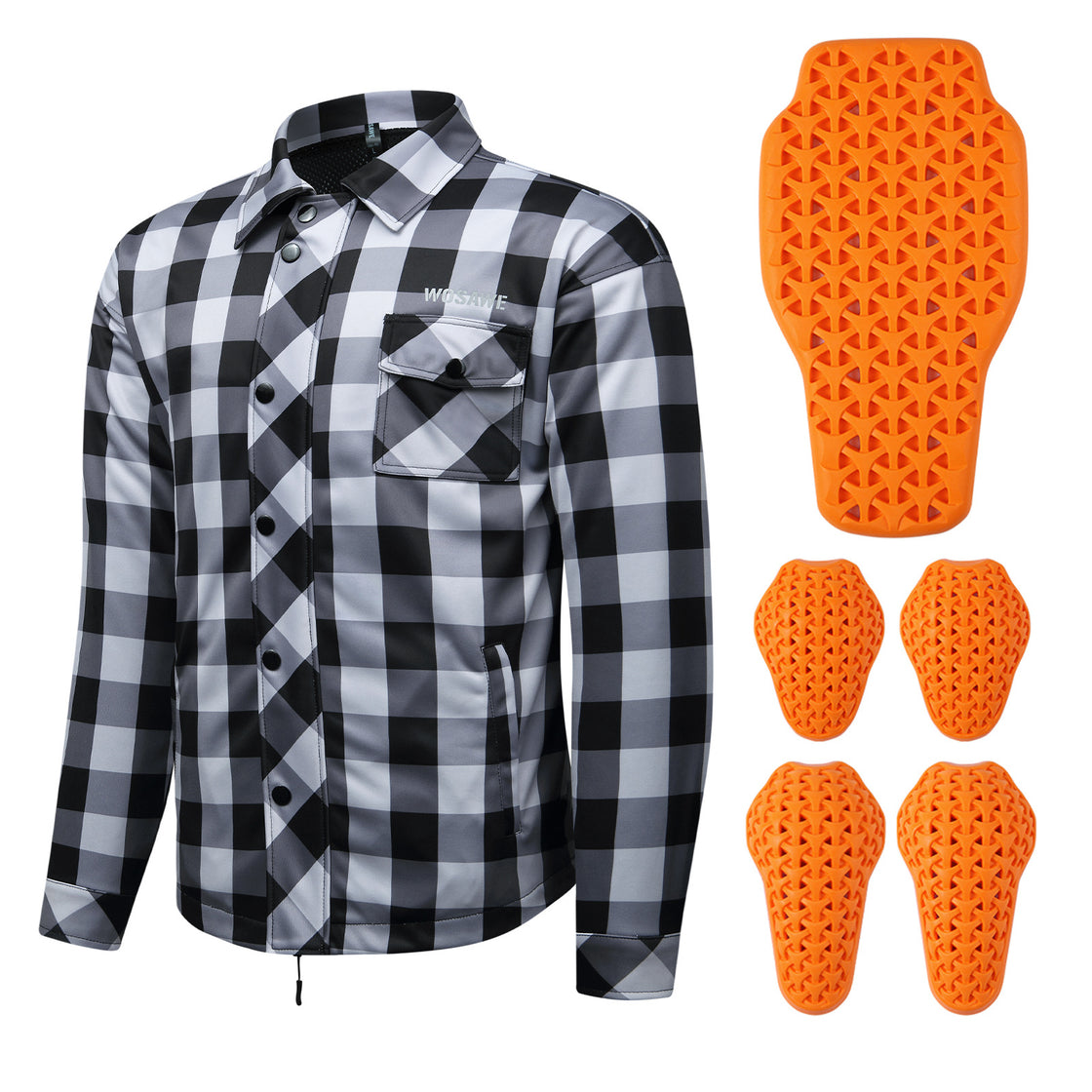WOSAWE MD266 gray plaid motorcycle shirt with five removable armor pads
