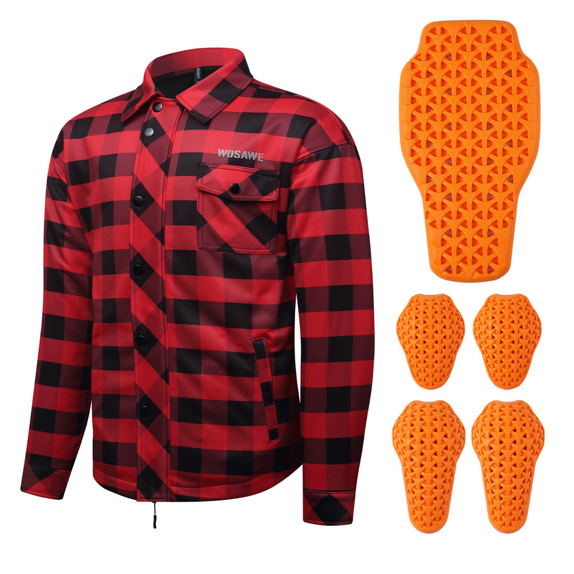 WOSAWE MD266 red plaid motorcycle shirt with five removable armor pads