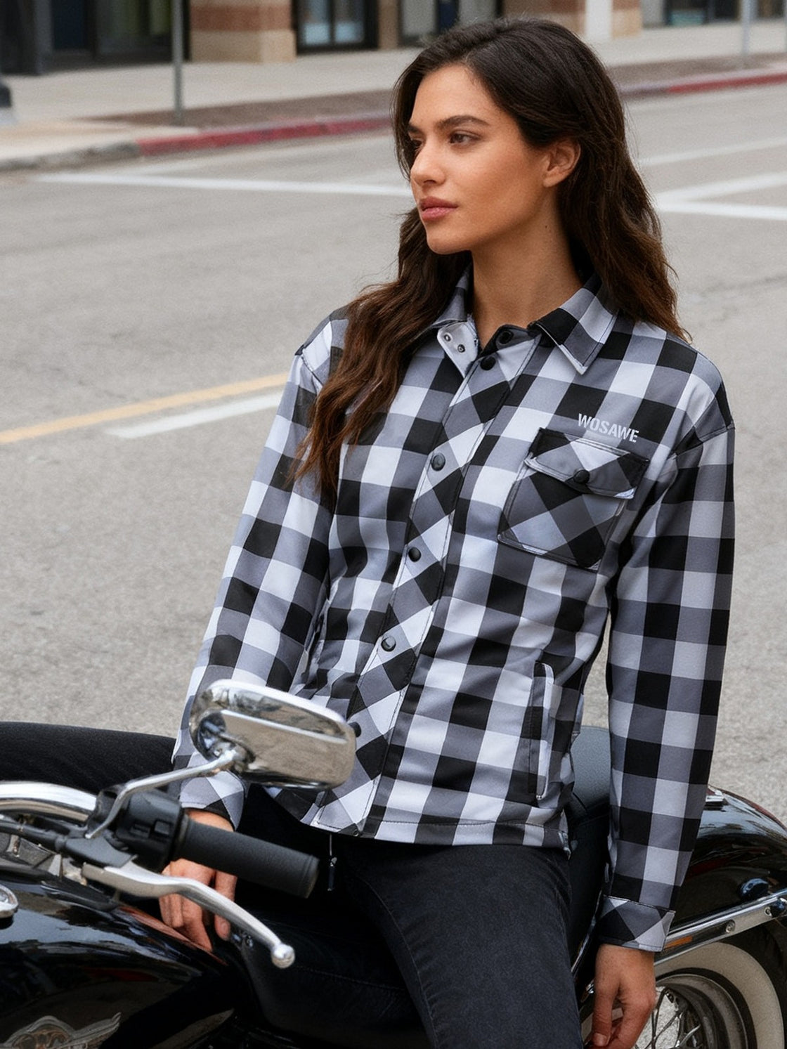 Gray WOSAWE MD266 plaid shirt worn beside a motorcycle