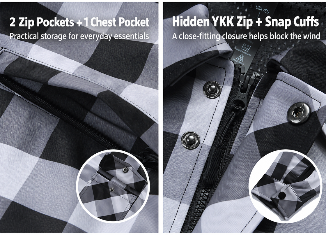 WOSAWE MD266 zip pockets concealed YKK closure and snap cuffs